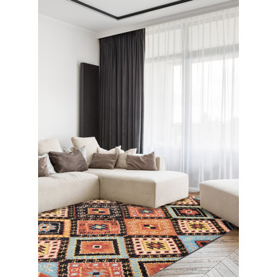Tapis noir / orange / bleu en laine noué à la main 5 pi 7 po x 8 pi 2 po Aloria Moroccan