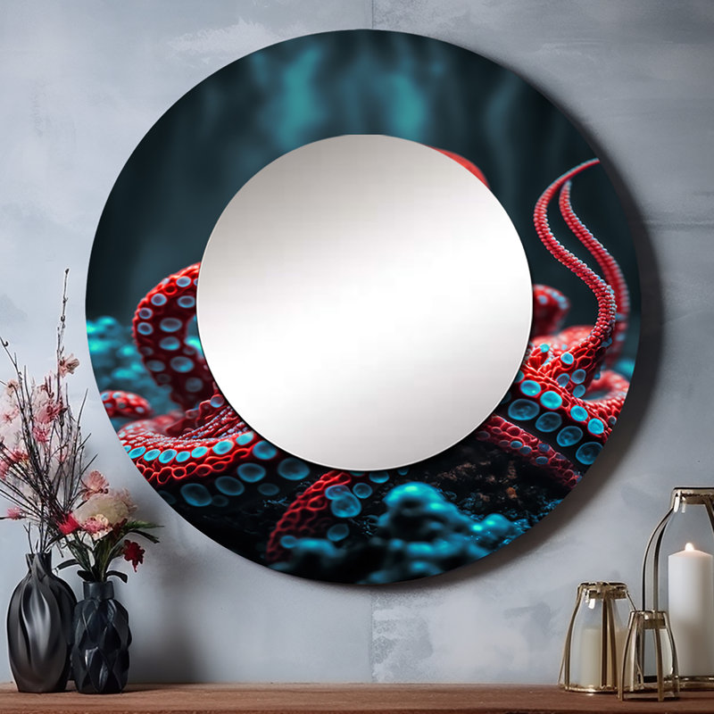 Selmin Red Octopus On The Ocean Floor IV - Octopus Unique Wall Mirror, Red, 36 po x 36 po