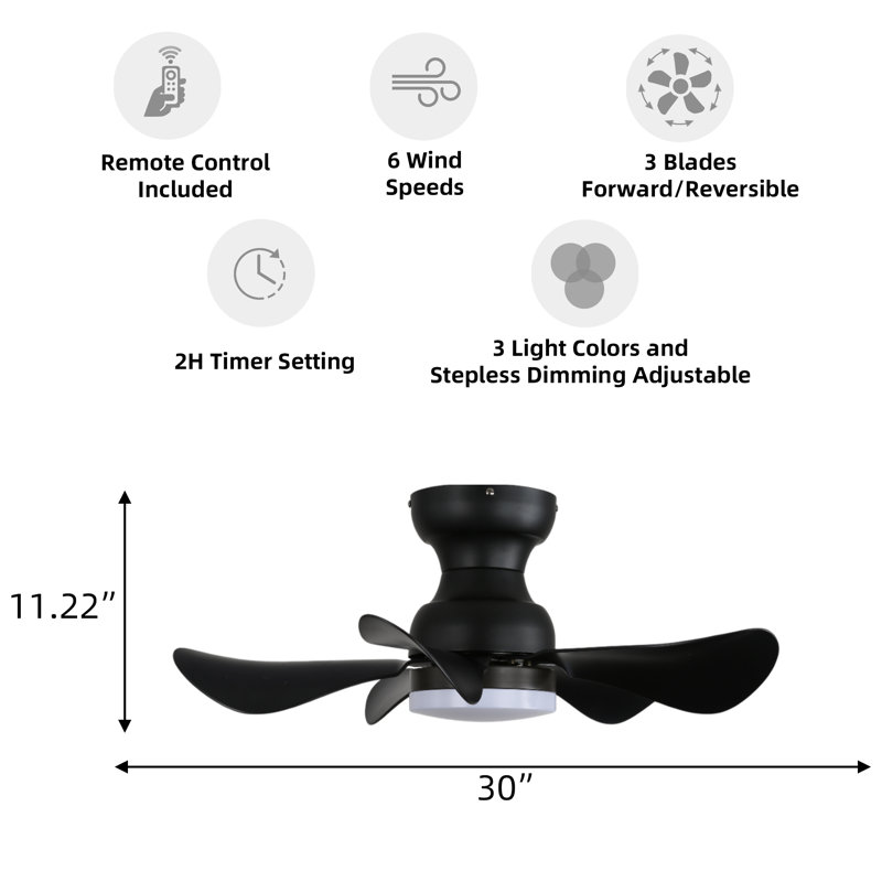 Ventilateur de plafond encastré moderne de 30 po avec DEL à intensité variable, télécommande et moteur réversible - idéal pour les petites pièces, écoénergétique et élégant