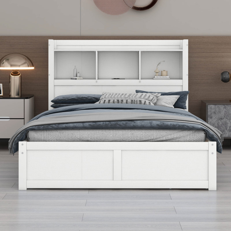 Base de lit en bois de pin massif avec tablettes coulissantes et tête de lit avec rangement, lit plateforme double avec lit gigogne et tiroirs