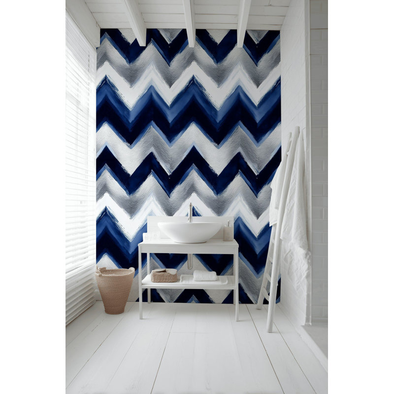 Papier peint à motif de chevrons bleu argenté