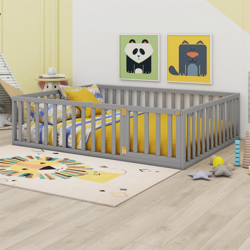 Structure de lit pour grand lit en bois avec clôture et porte pour chambre à coucher, gris, Gris, Grand