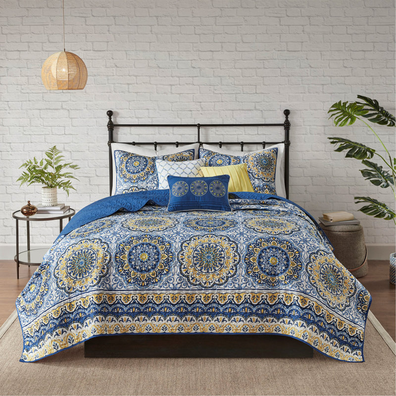 6 Piece Reversible Quilt Set with Throw Pillows, Blue, King/Cal King Size, California King Quilt + 5 Additional Pieces