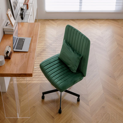 Green Velvet Criss Cross Armless Office Chair With Wheels - Versatile For Home Office, Meditation & Makeup
