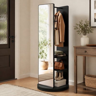  Modern Rubber Wood Full Length Mirror with Coat Rack and Rotating Base
