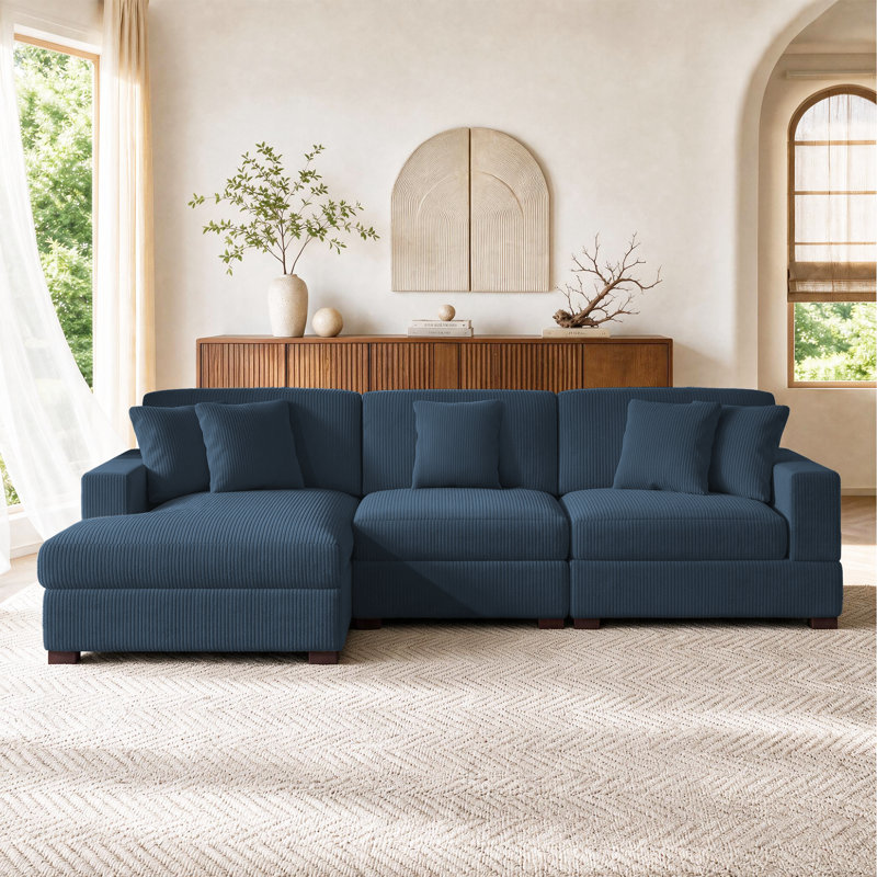 Milbrey 3-Piece Corduroy Modular Sectional with Loose Back, Left Hand Facing, Navy Corduroy