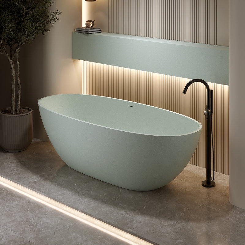 Freestanding Oval Soaking Bathtub 55", Solid Surface Stone Resin Modern W/overflow & Pop-up Drain, Turquoise Green