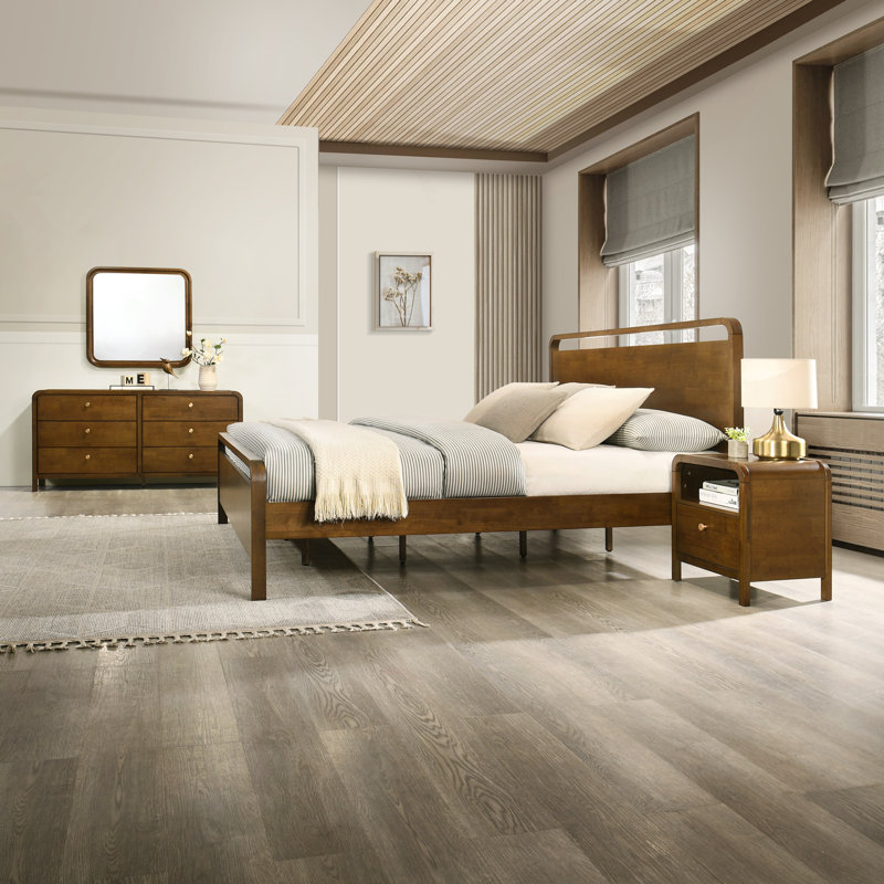Ensemble de chambre à coucher en bois Ellum, lit plateforme très grand avec commode, miroir et deux tables de chevet au fini noyer