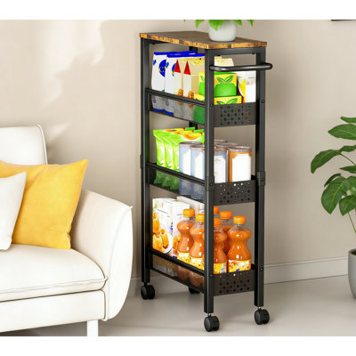 4-Tier Rolling Storage Cart With Wood Top, Narrow Space