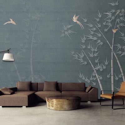 Teal Oriental Bamboo Wallpaper Mural With Flying Birds, Zen Asian Wall Decor For Living Room Bedroom Office