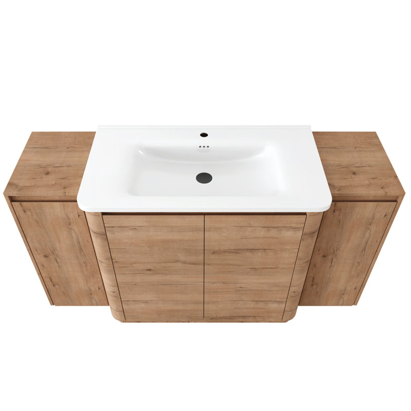 Meuble-lavabo autoportant de 60 po avec lavabo en céramique blanche, 2 petites armoires de rangement, porte à fermeture en douceur, chêne imitation, emballage KD, contreplaqué