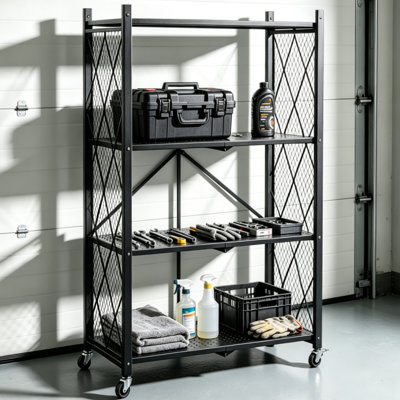 Heavy Duty 4-layer Foldable Metal Storage Rack - Multi-purpose Garage & Kitchen Organizer With Ventilated Design, High-weight Capacity , No-assembly Needed, Black Iron Art Style For Basement & Food Storage