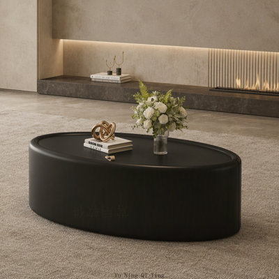 Table basse ovale de 85 cm (33,46 pouces) avec rangement dissimulé, plateau en verre trempé et revêtement en cuir haut de gamme, noire.