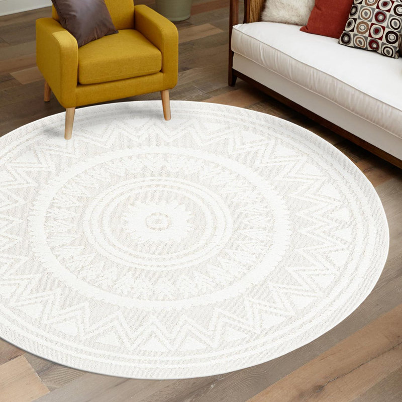 Tapis ivoire en polyester tissé à la machine Amirah, Rond 5 pi 3 po - sans pampilles