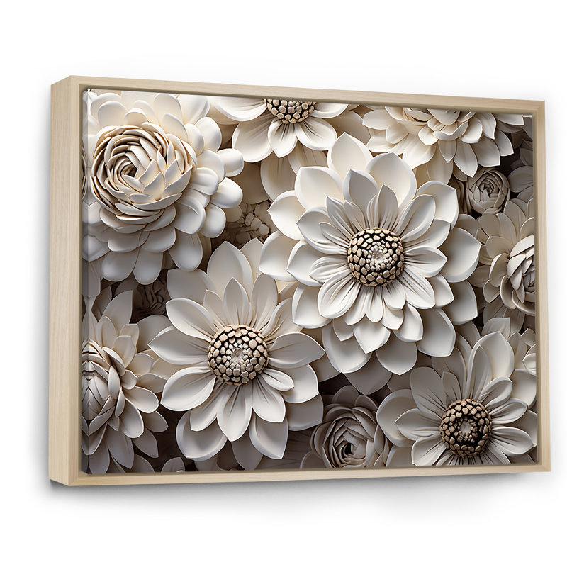 Représentation transparente de zinnias blancs sur toile, Cadre naturel flottant, H 12 po x l 20 po x P 1 po