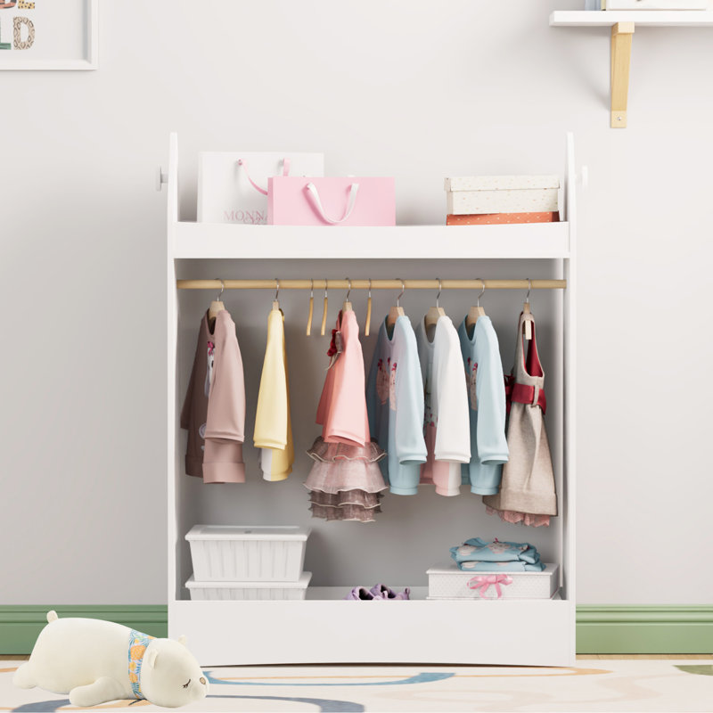 Kids Wardrobe Closet With Mirror And Storage Space, Open Hanging Armoire Closet, White