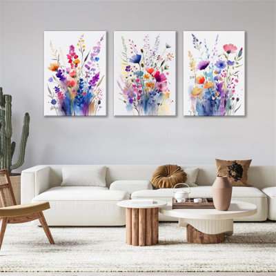 Primrose Pathways - 3-Piece Framed Floral Watercolor Canvas Wall Art Set | Wildflower Botanical Prints for Living Room, Bedroom, Gallery Wall
