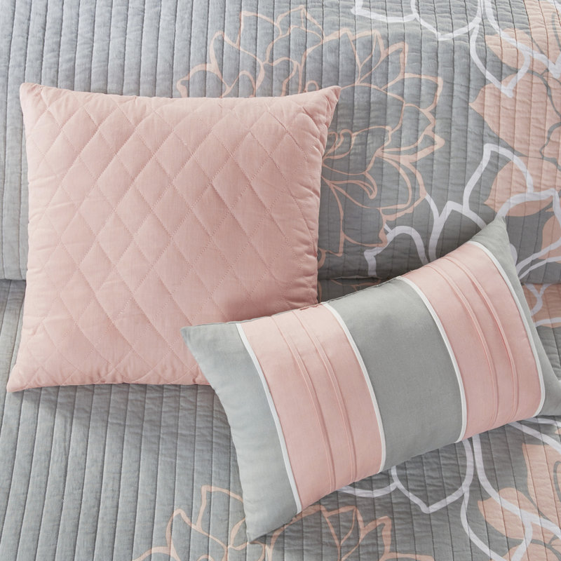 Courtepointe 6 pièces, gris / pêche, double / grand, coton imprimé, coussins décoratifs, rembourrage prélavé, literie en coton d'été ou très chaud, motif floral, confort réversible, 3 coussins