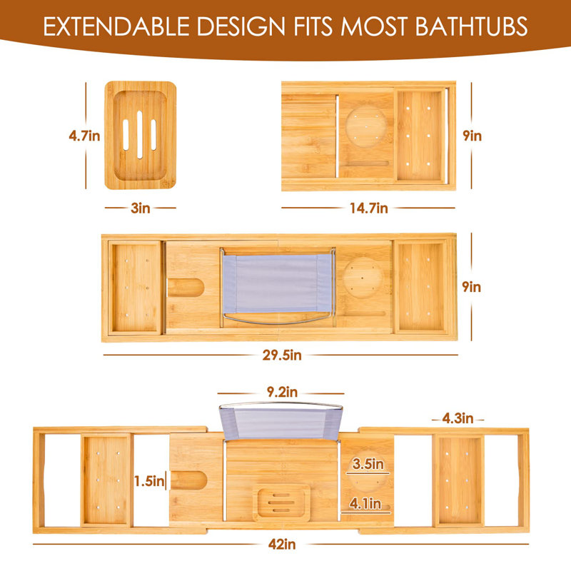 Table de baignoire en bambou avec plateau pour baignoire et porte-verre, support pour tablette de téléphone avec côtés extensibles, baignoire de salle de bain réglable, idée de cadeau pour porte-savon (beige)