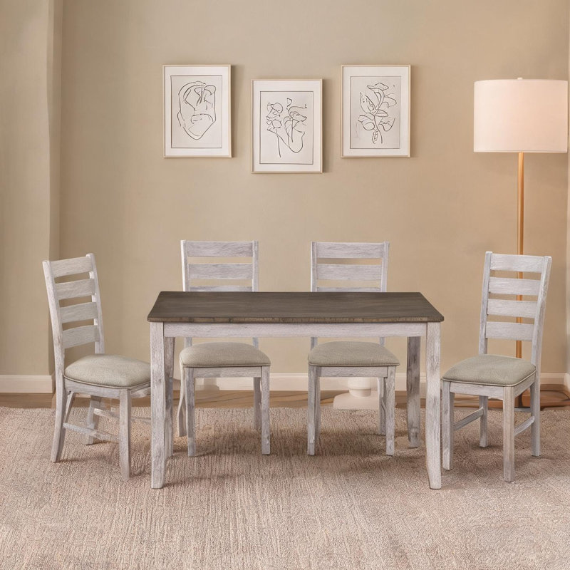 Ensemble de salle à manger 5 pièces pour repas décontractés, table rectangulaire en bois et quatre chaises d'appoint rembourrées, deux tons brun et blanc grisâtre, 60 pouces