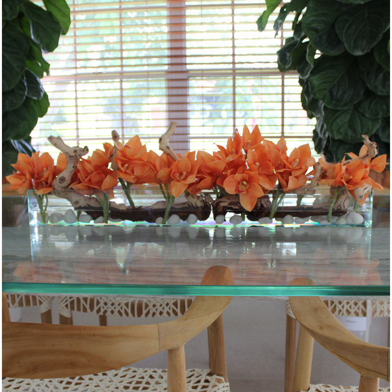 Driftwood Cymbidium Orchids Centerpiece in Glass Planter, Orange, 8" H x 24" W x 6" D