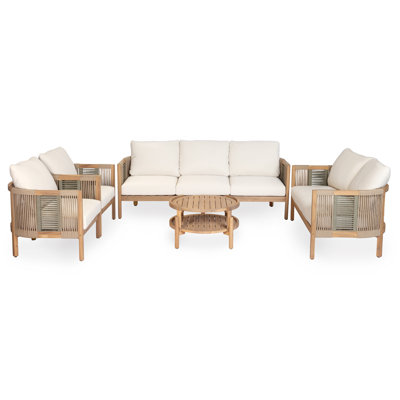 Jassel Modern Coastal Acacia Wood Outdoor Conversation Set With Handwoven Rope, Cushions & 2-Tier Coffee Table