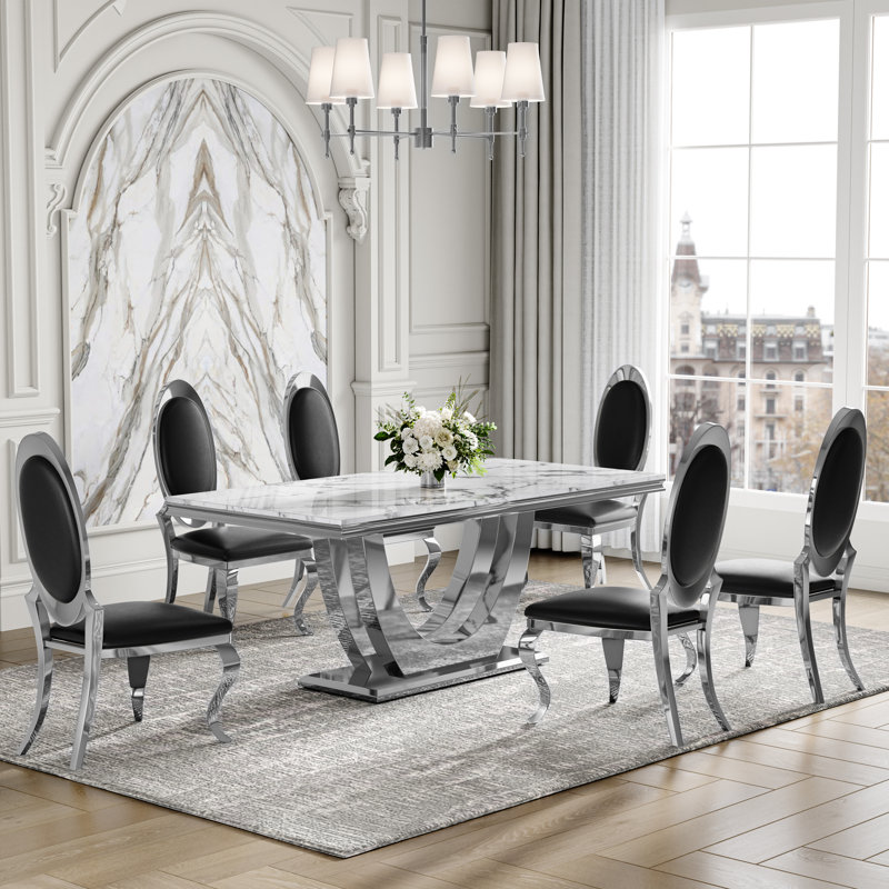 7-Piece Dining Table Set, Marble-Print MDF Table with Velvet & PU Dining Chairs, Stainless Steel Base – Seats 6, Black/Silver