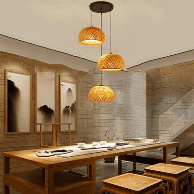 Luminaires suspendus en bambou tissé, luminaire suspendu en panier, lustre de style chinois tissé à la main Boho, luminaire suspendu rétro en bambou, pour îlot de cuisine de salle à manger