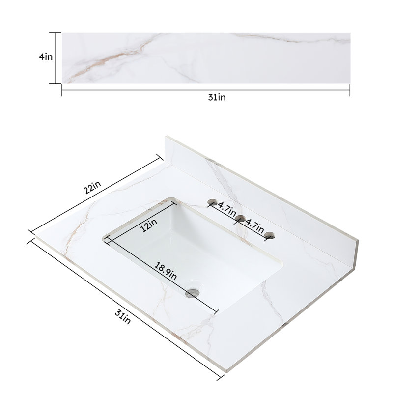 Dessus de meuble-lavabo de 31 po en or, pierre frittée, évier et dosseret en céramique, plateau élégant en or 31 po avec magnifique lavabo, design magnifique
