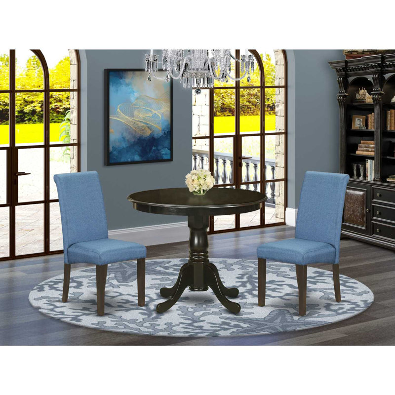 Dining Set Contains a Dinner Table and Linen Fabric Padded Chairs, Blue/Black, 3 Pieces: Table, 2 Chairs, Oak