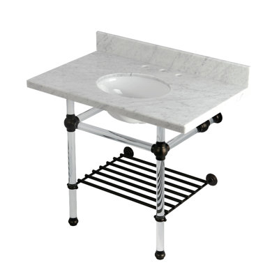 Kingston Brass Templeton 36-Inch Carrara Marble Console Sink with Acrylic Legs and Shelf (8-Inch, 3-Hole)