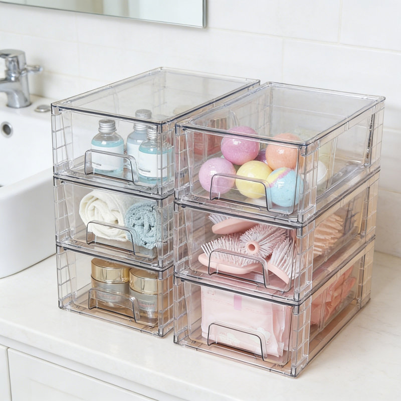Paquet de 8 tiroirs de rangement empilables, organisateurs de tiroirs en acrylique transparent avec poignées, contenants pour réfrigérateur de salle de bain