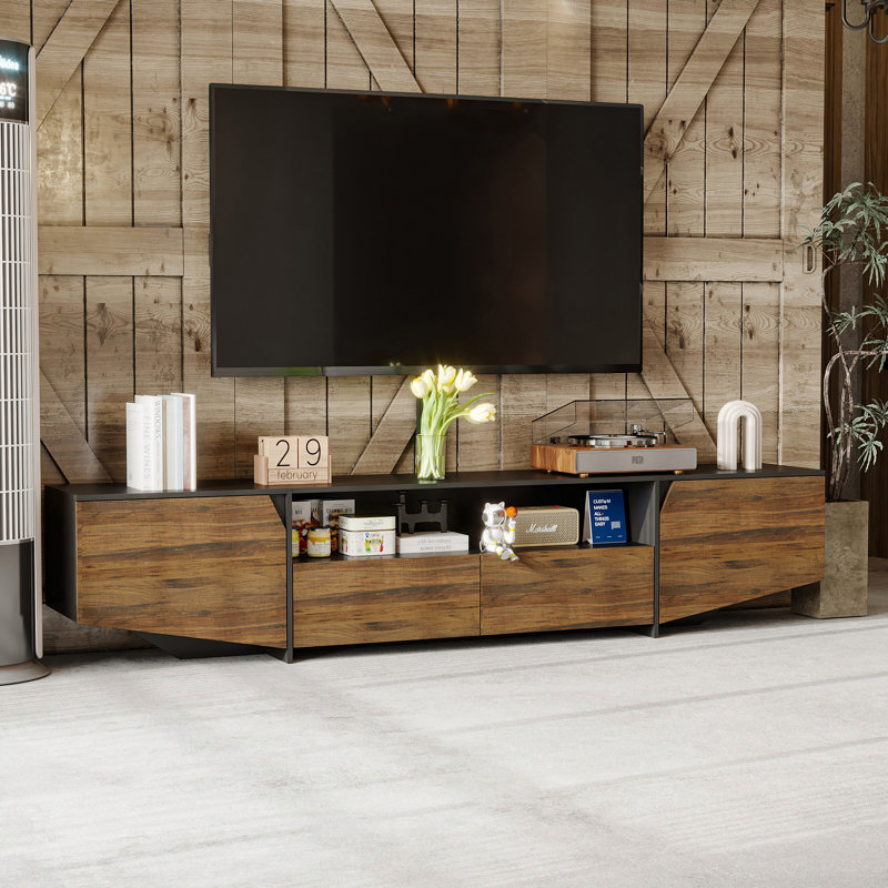 Rustic Modern TV Stand With Storage Cabinets And Open Shelves, Compatible With Tvs Up To 85 Inches
