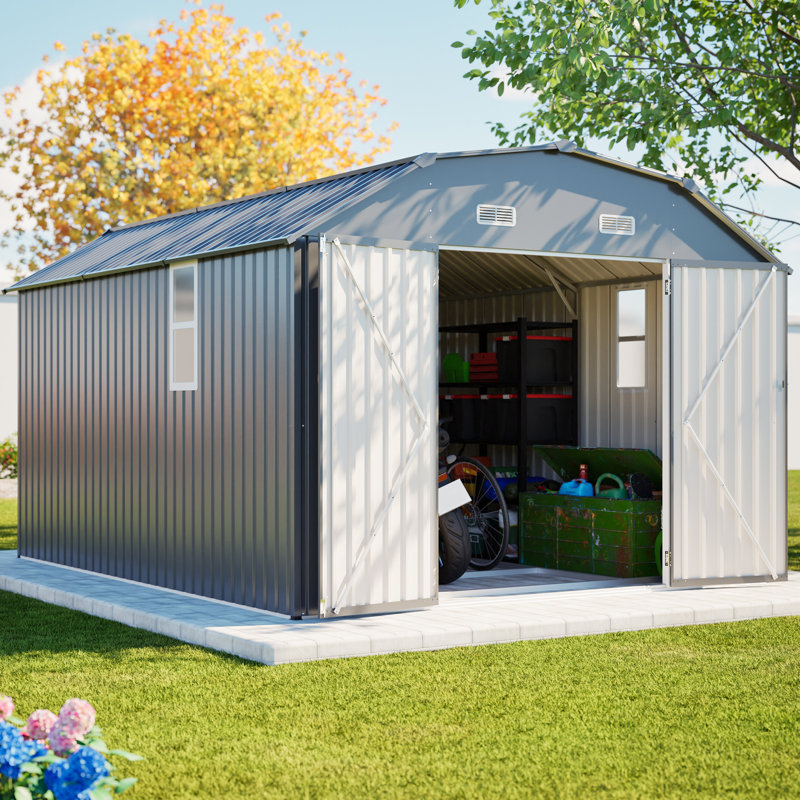 10x12 Ft Gray Heavy Duty Rust- Steel Tool Shed, Floor Frame Kit, , Waterproof, Large Door Opening Outdoor Storage High-strength Construction, Snow Load Resistance, Smart Design Features