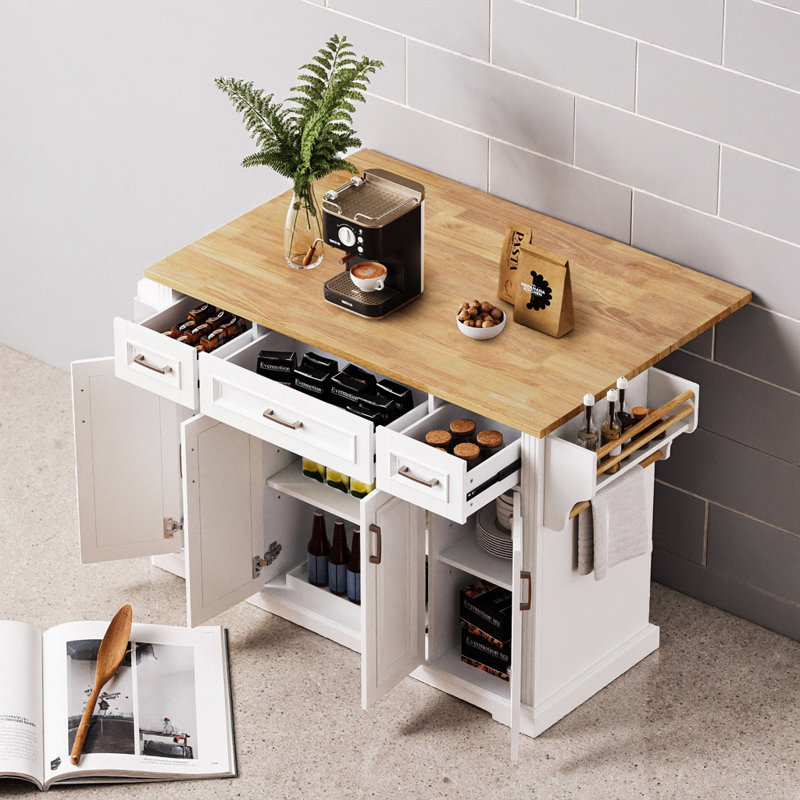 54" Black Farmhouse Kitchen Island with Drop Leaf, 4 Doors & 3 Drawers, Rubber Wood Top, Wheels, White