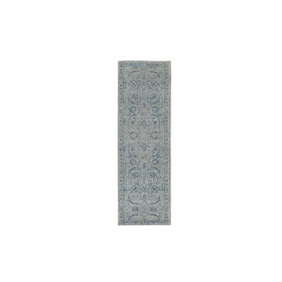 Tapis de couloir oriental bleu en laine et soie tissé à la main 2 pi 6 po x 8 pi 1 po