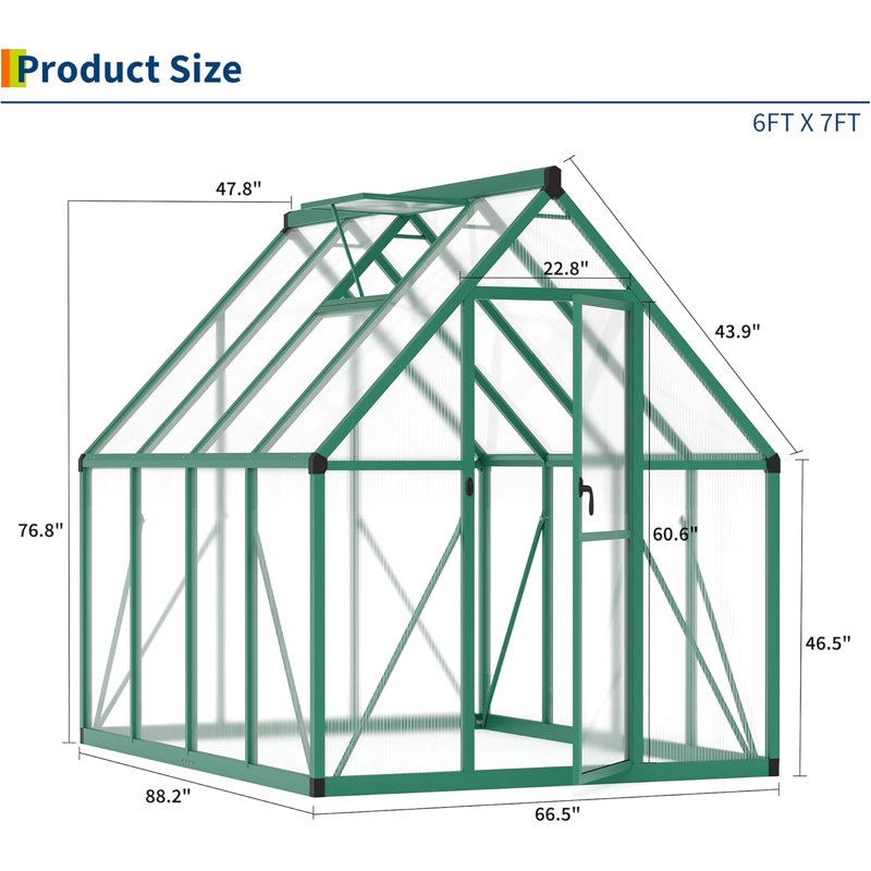 Serre en polycarbonate robuste de 6 pi x 7 pi avec structure en aluminium à installation rapide et grande aération de toit