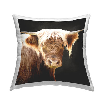 Shaggy Cow on Black Decorative Printed Throw Pillow by Emily Navas