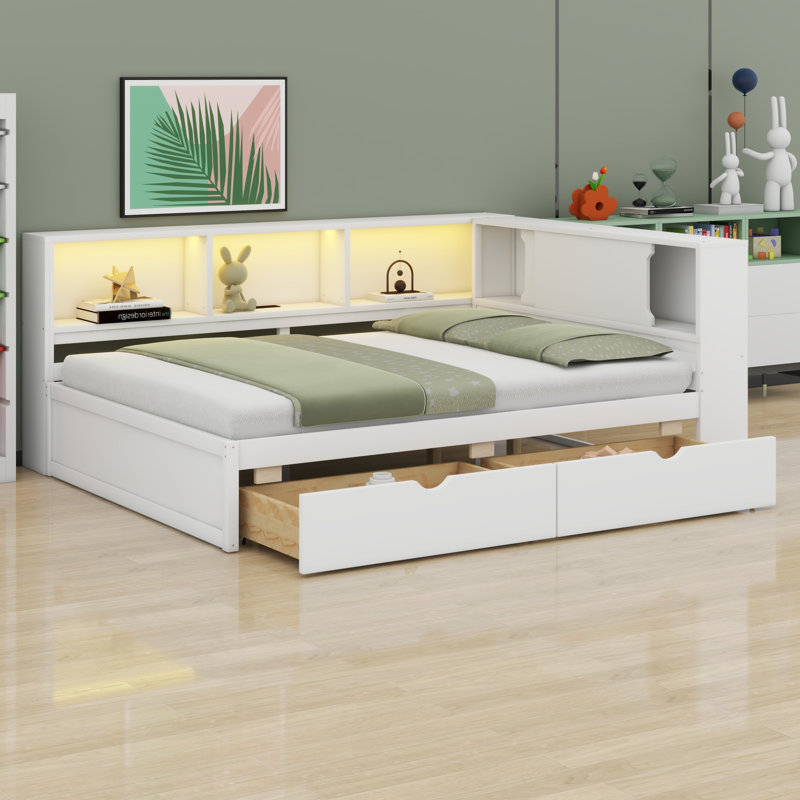 Lit de jour multifonctionnel en bois avec éclairage DEL, ports USB, tablettes de rangement et 2 tiroirs, Blanc