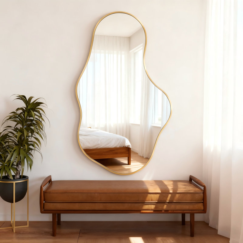 Miroir moderne de forme irrégulière avec cadre noir, verre HD incassable, conception à suspension réversible, Doré