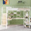 Lit mezzanine double en métal avec escalier de rangement et petite armoire, bureau intégré et tablettes de rangement, blanc