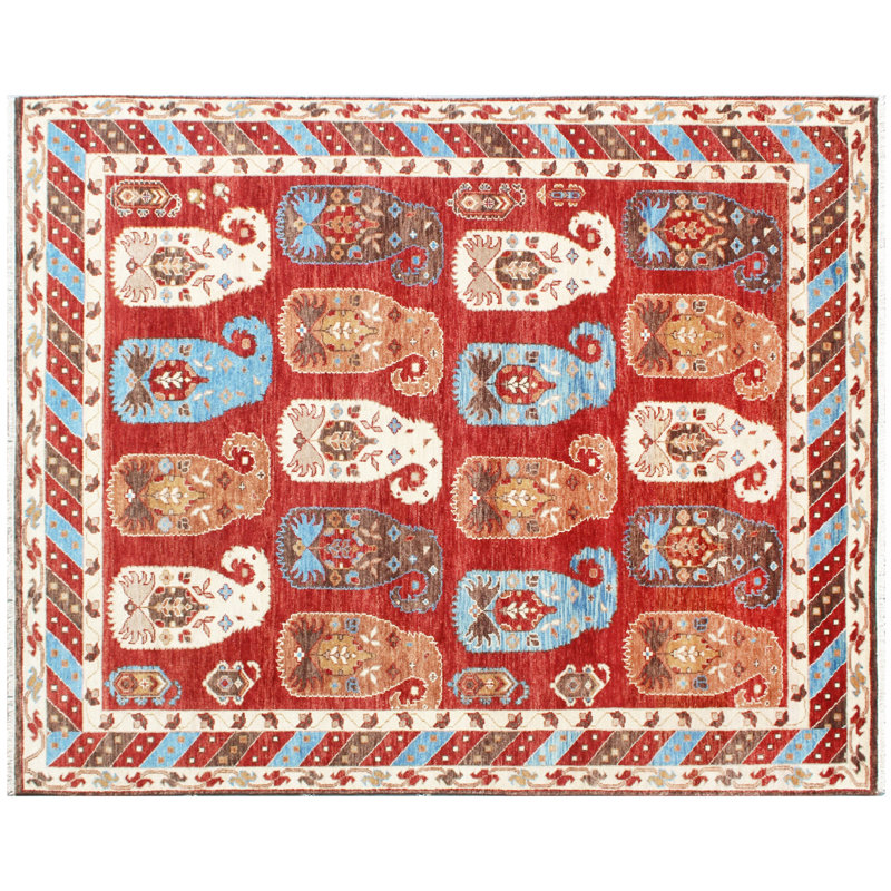 Tapis multicolore en laine noué à la main à motif cachemire tribal avec bordure décorative, Rectangulaire 8 pi x 10 pi