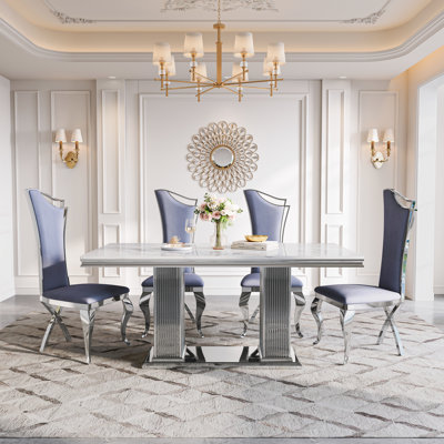 Faux Marble Rectangular Dining Table Set With Luxury Faux Leather Dining Chairs