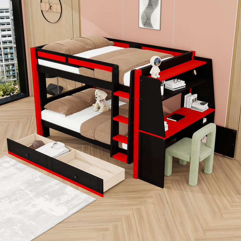 Lit superposé double sur double avec bureau et tiroirs de rangement