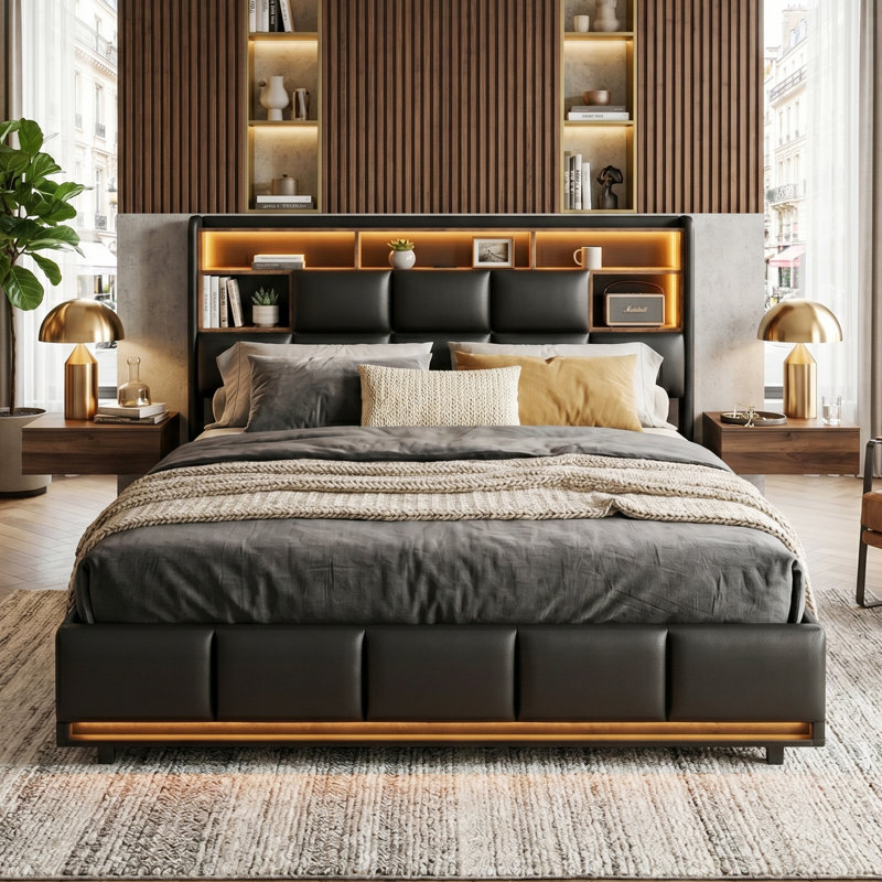 Industrial Upholstered Ottoman Bed With LED Lights, Storage Headboard & Charging Station, Black PU Faux Leather, EU Double & King