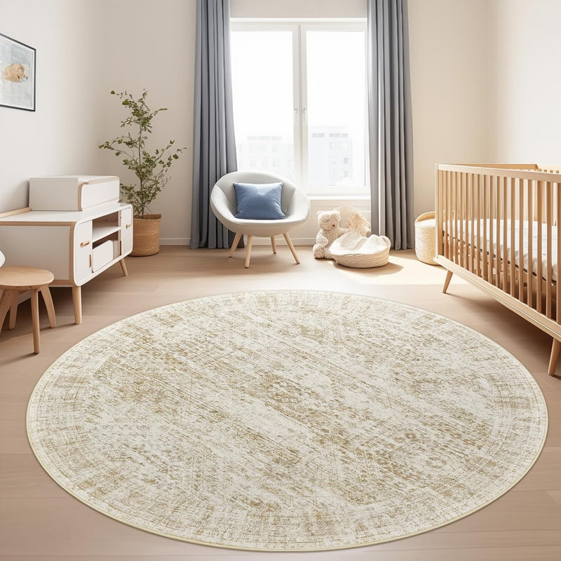 Vintage Distressed Non Slip Washable Area Rug(Beige), Round 6'