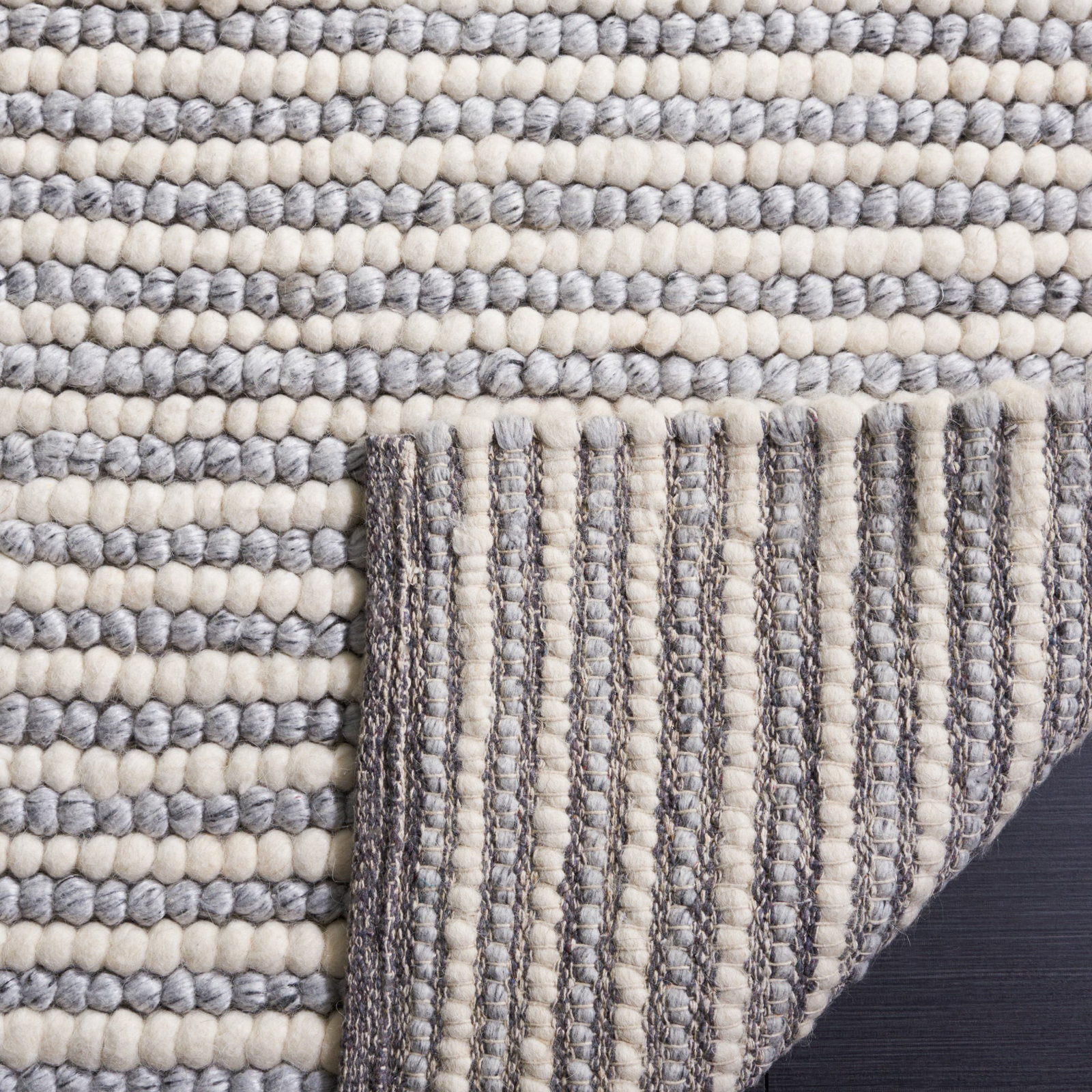 Cleodora Ivory Gray Hand-Woven Striped Rug, Rectangle 3' x 5'
