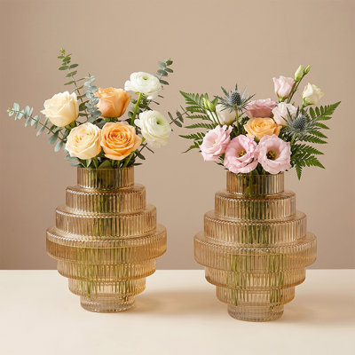 Tiered Geometric Ribbed Glass Table Vase With Amber Luster (set Of 2)