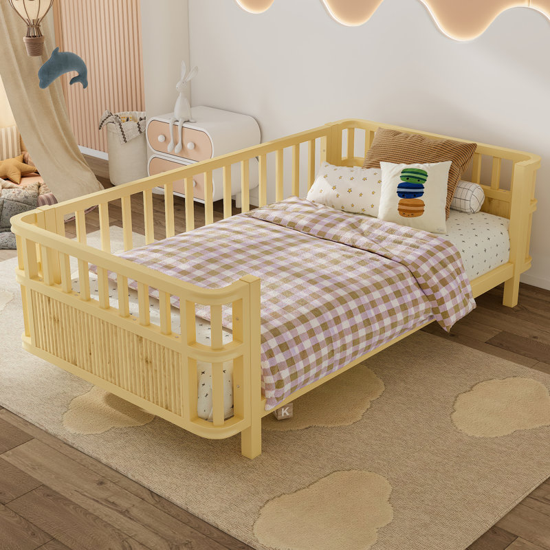 Children's Double Bed with Safety Rails, Wooden & Iron Frame, Low Platform Fence Bed for Boys & Girls, (Twin,Natural), Twin