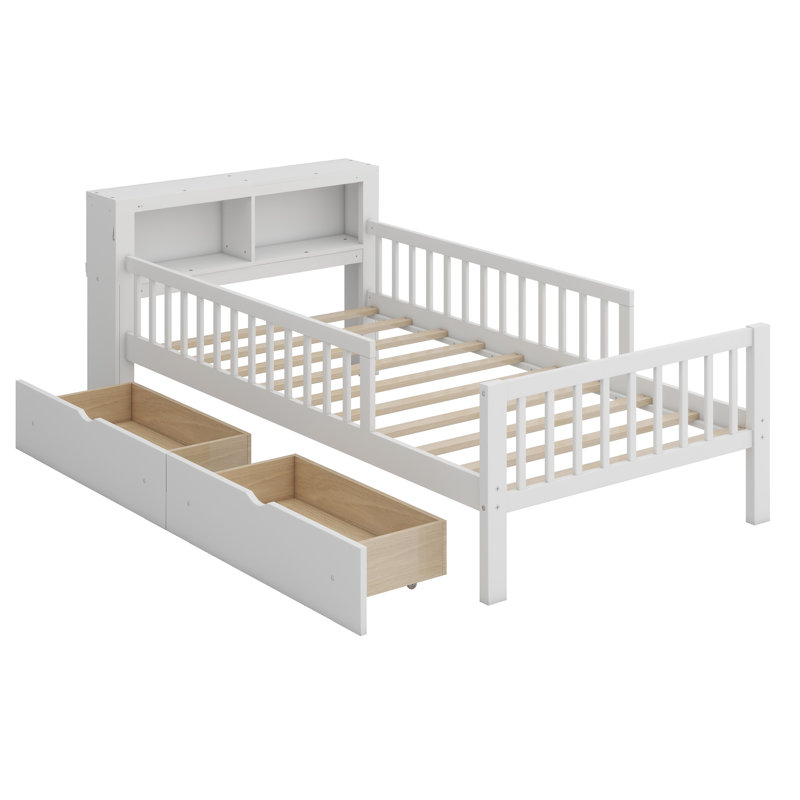 Lit avec support de tête de lit, deux tiroirs sous le lit, trois barrières de sécurité pour plus de sécurité, Blanc